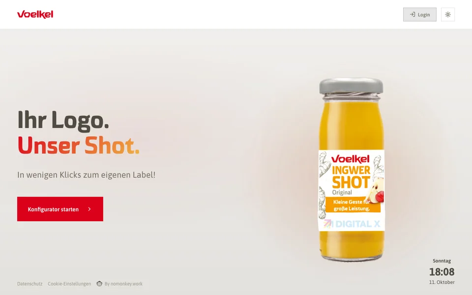 Start page of the label configurator on the iPad: “Your logo. Our shot.” with the personalised bottle